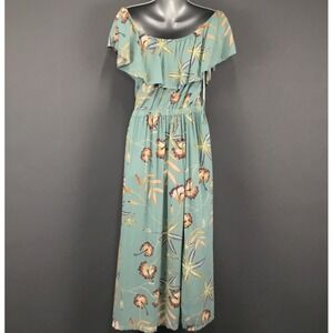 VTG ROXY Maxi Dress M Green Tropical Print Rayon Elastic Neckline Layered Collar